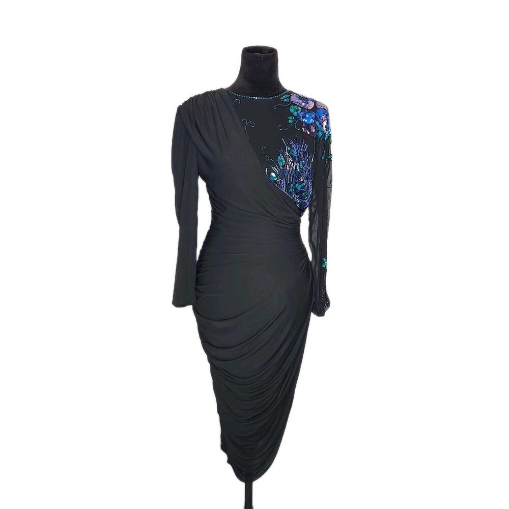 VTG 80s Casadei Dress Sequins Black Cocktail Asymmetrical Ruched Sheer Side Sz M